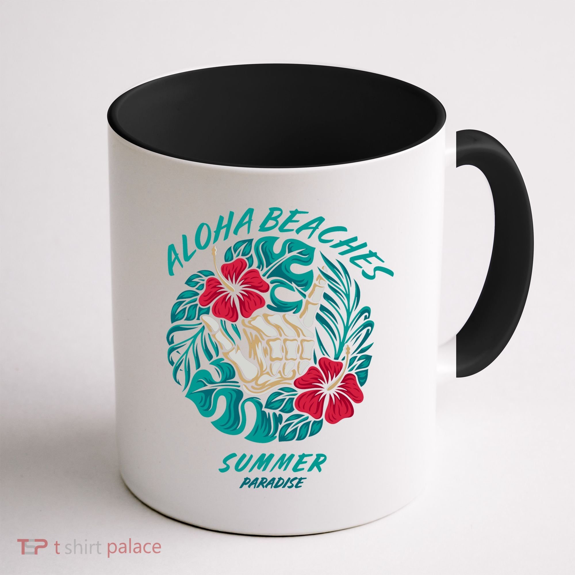 Aloha Beaches Skeleton Hand Rock On Flowers Coffee Mug
