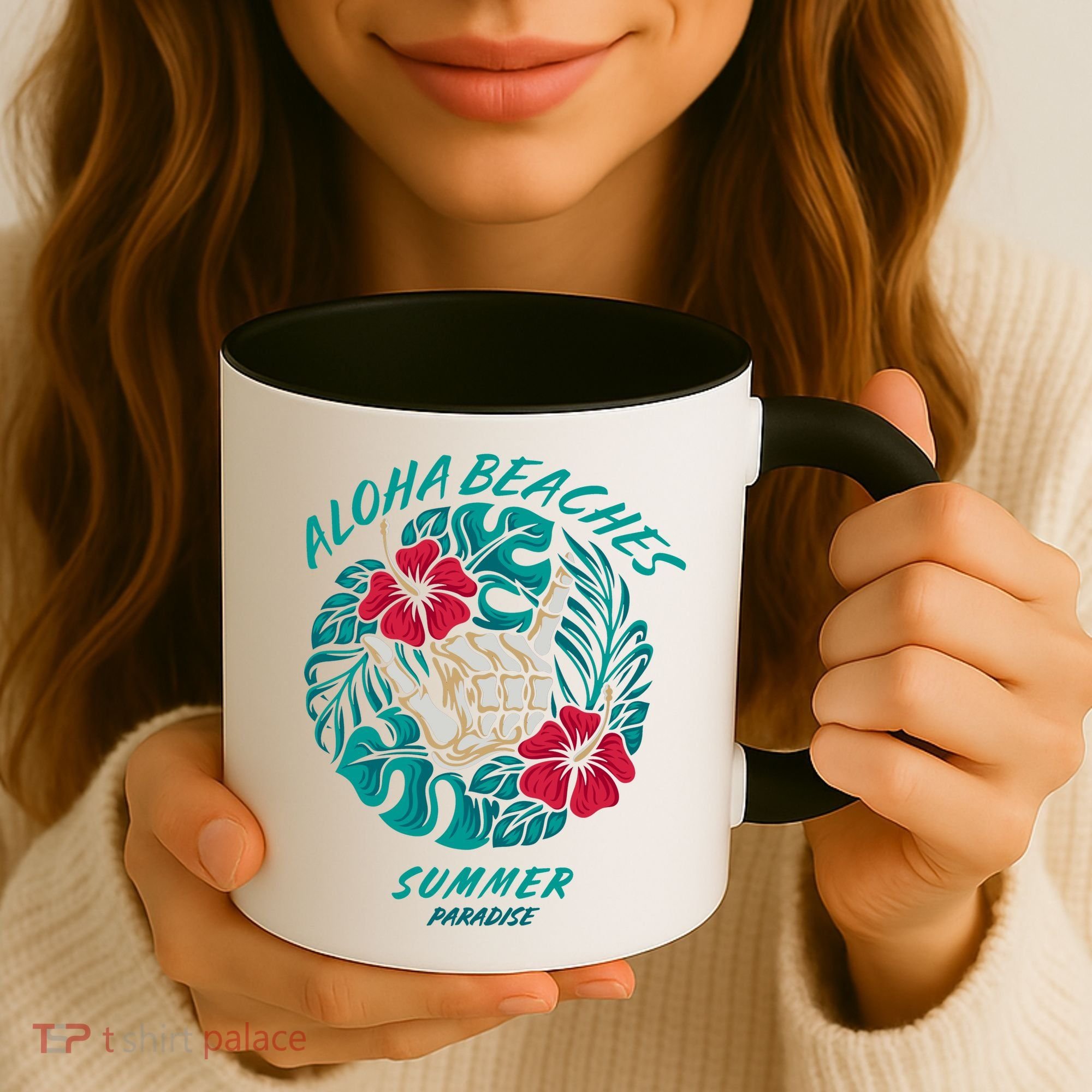Aloha Beaches Skeleton Hand Rock On Flowers Coffee Mug