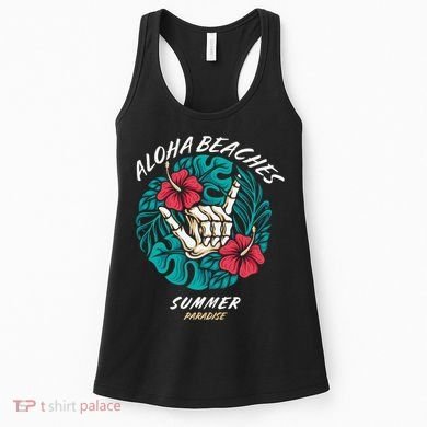 Aloha Beaches Skeleton Hand Rock On Flowers Women's Tank Top