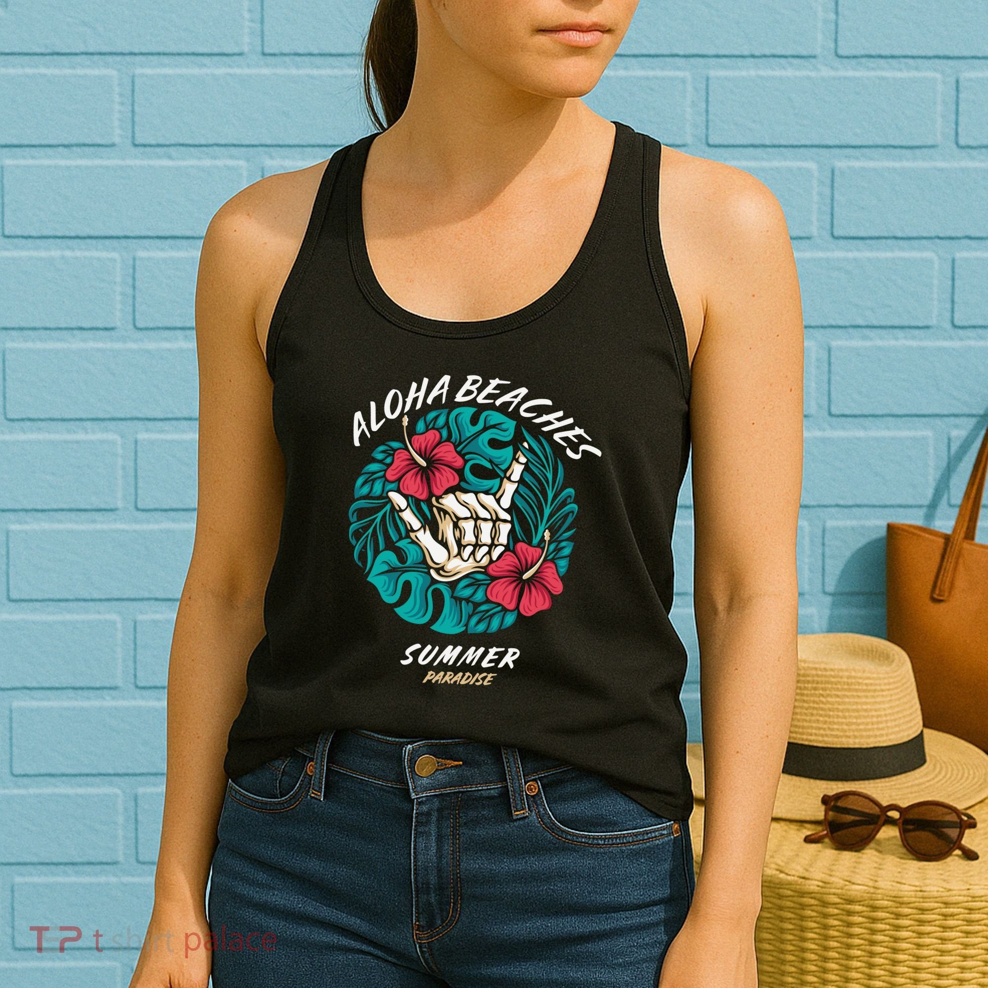 Aloha Beaches Skeleton Hand Rock On Flowers Women's Tank Top