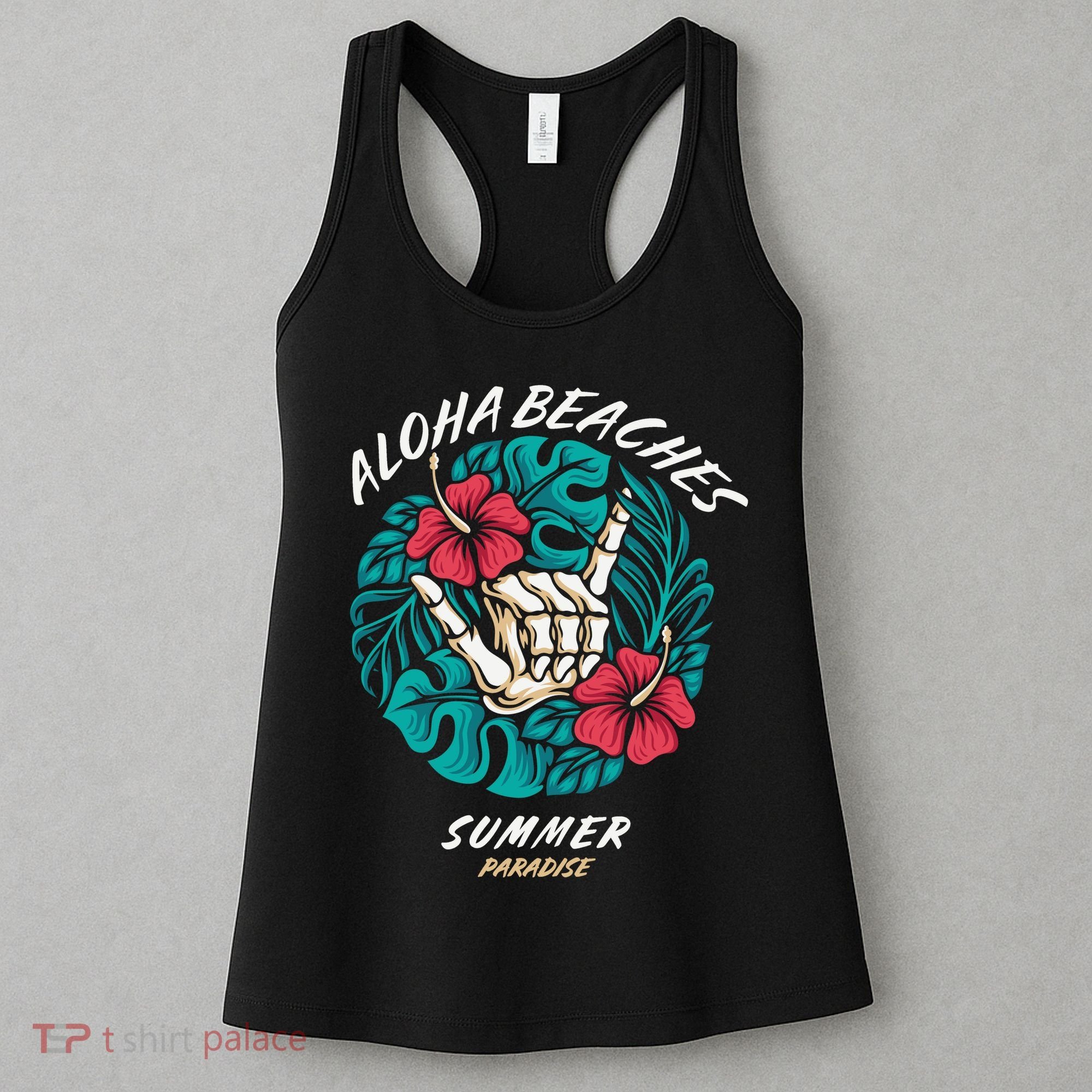 Aloha Beaches Skeleton Hand Rock On Flowers Women's Tank Top