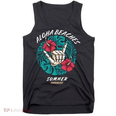Aloha Beaches Skeleton Hand Rock On Flowers Tank Top