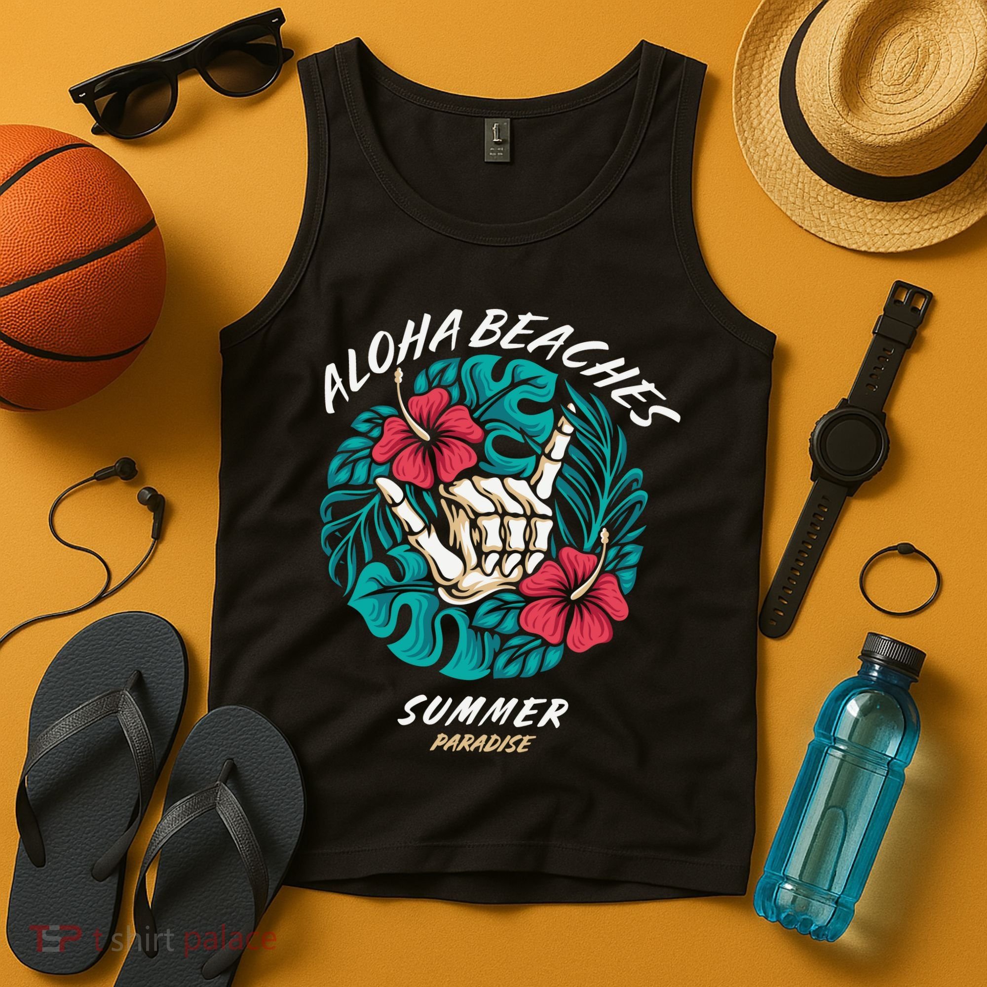 Aloha Beaches Skeleton Hand Rock On Flowers Tank Top