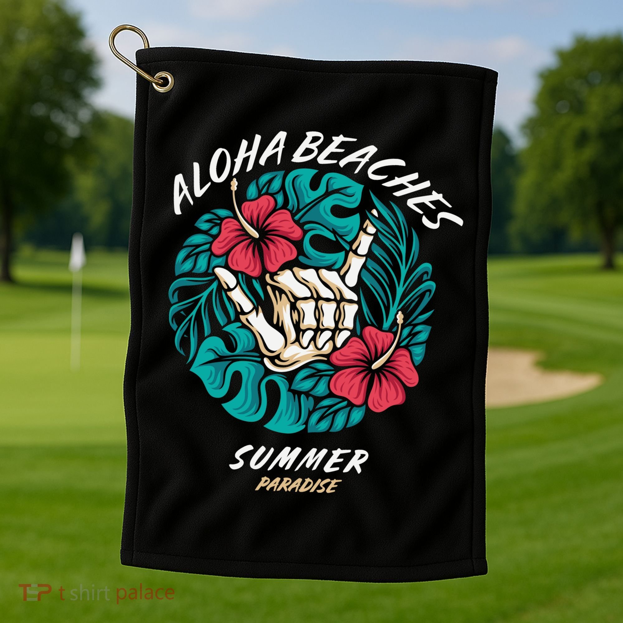 Aloha Beaches Skeleton Hand Rock On Flowers Golf Towel