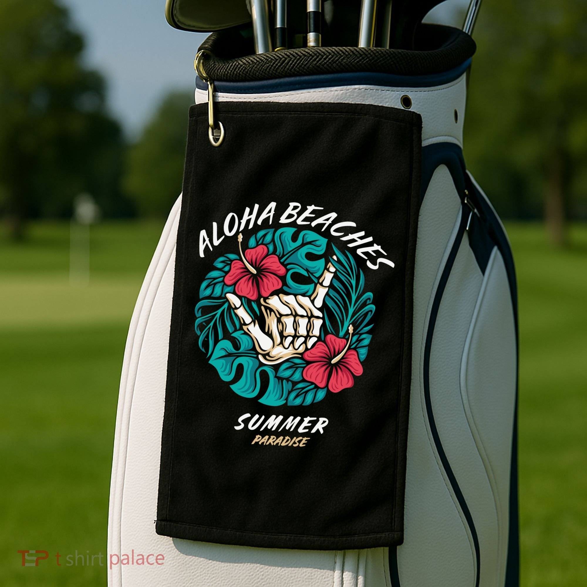 Aloha Beaches Skeleton Hand Rock On Flowers Golf Towel