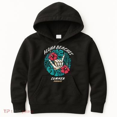 Aloha Beaches Skeleton Hand Rock On Flowers Kids Hoodie