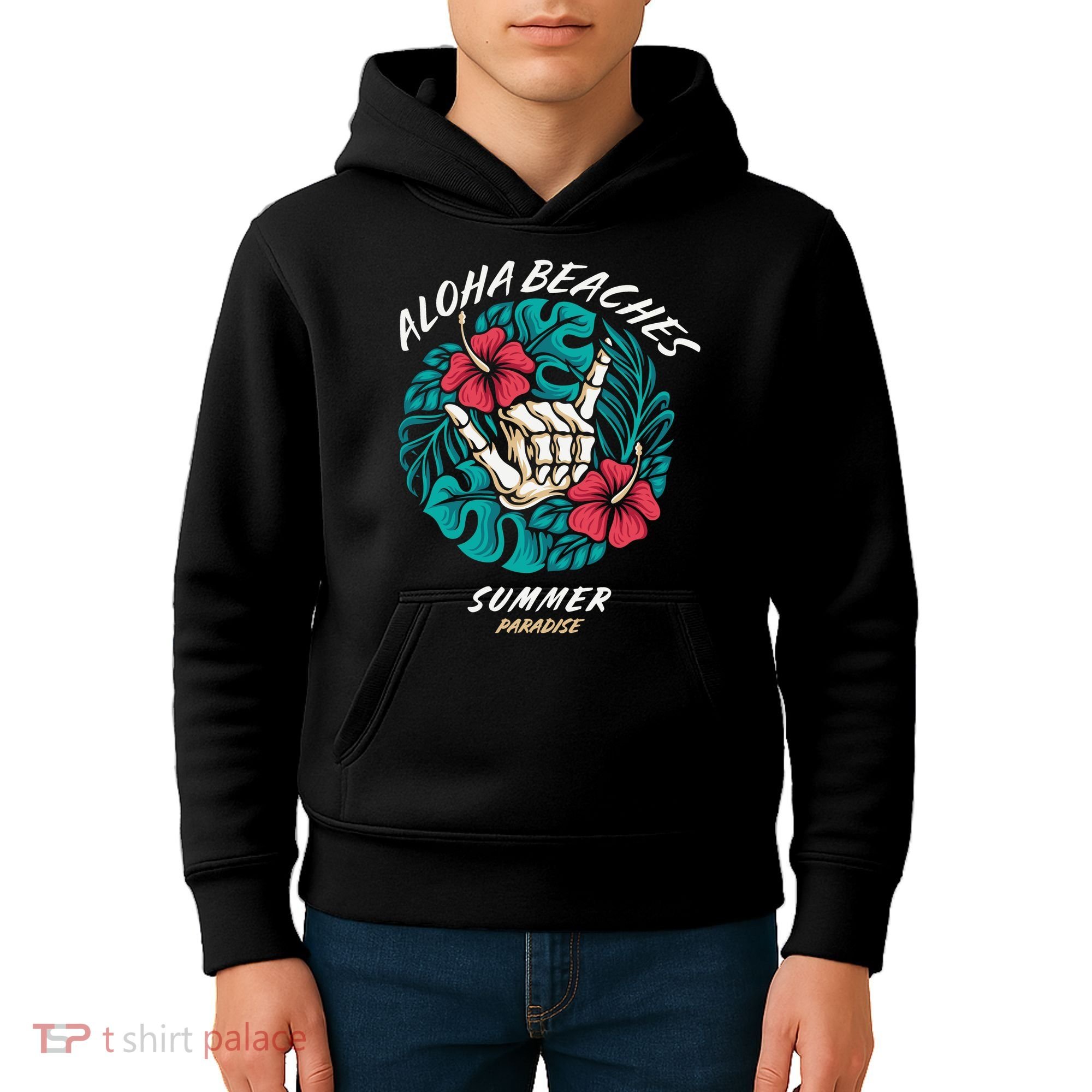 Aloha Beaches Skeleton Hand Rock On Flowers Kids Hoodie
