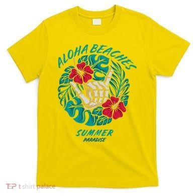 Aloha Beaches Skeleton Hand Rock On Flowers T-Shirt