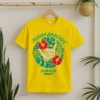 Aloha Beaches Skeleton Hand Rock On Flowers T-Shirt thumb 2