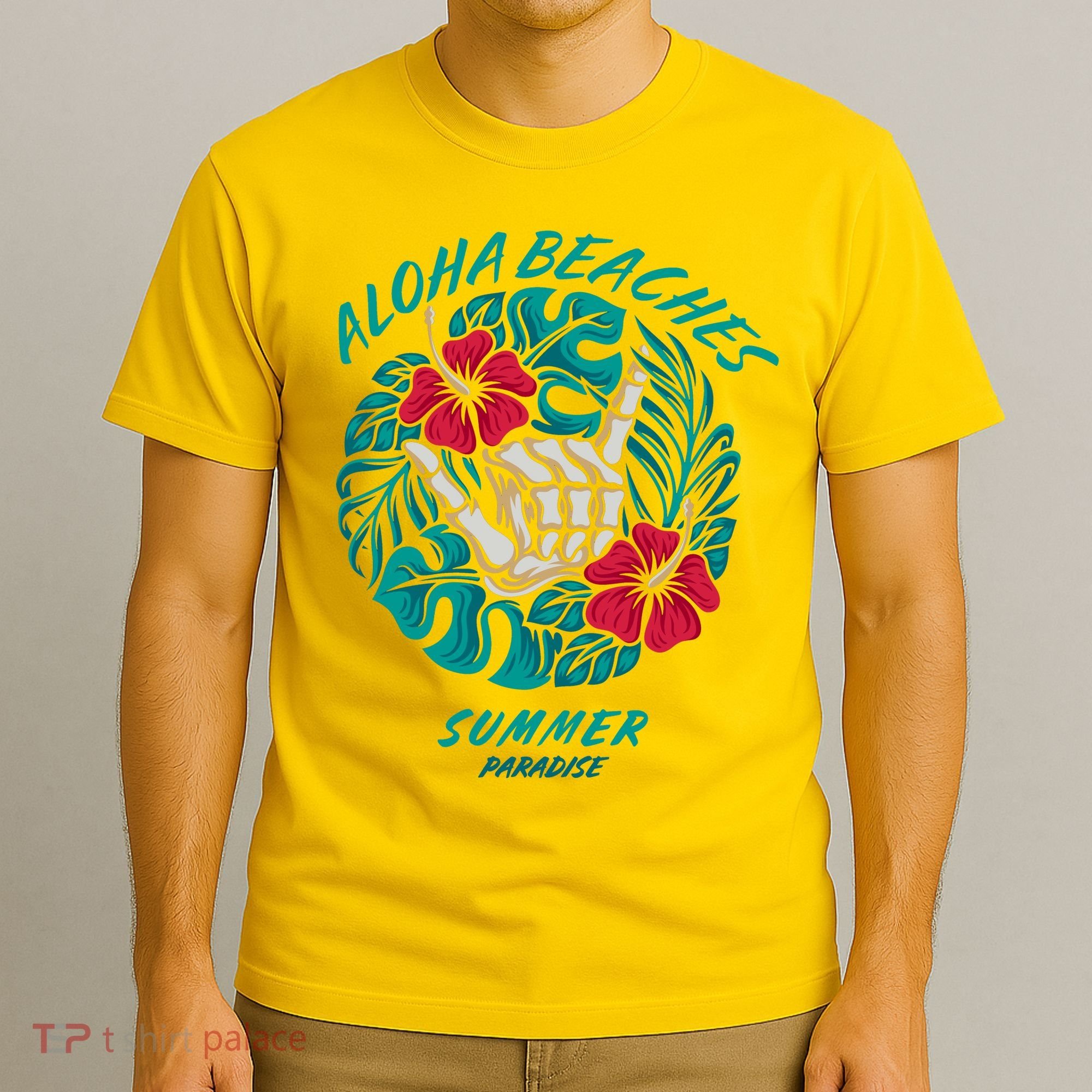 Aloha Beaches Skeleton Hand Rock On Flowers T-Shirt