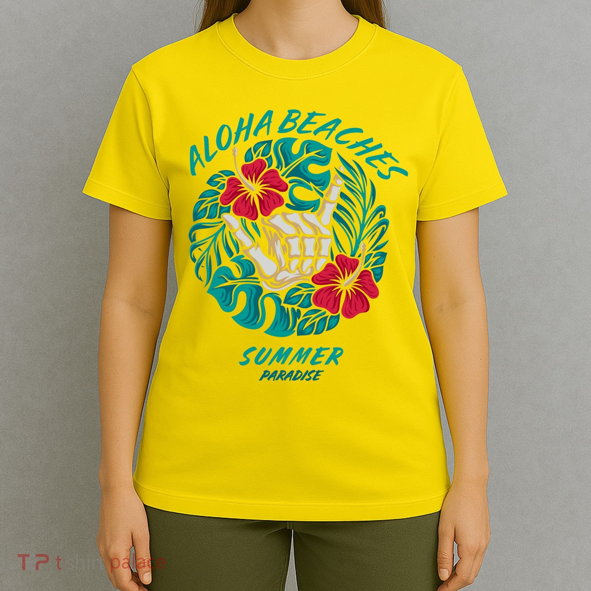 Aloha Beaches Skeleton Hand Rock On Flowers T-Shirt