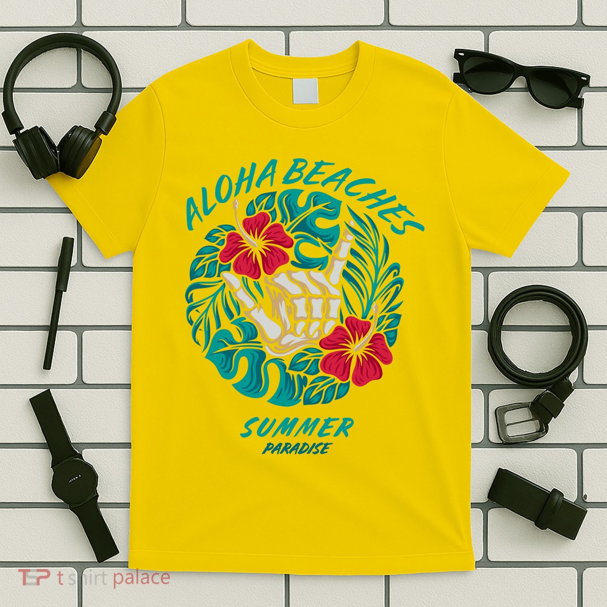 Aloha Beaches Skeleton Hand Rock On Flowers T-Shirt
