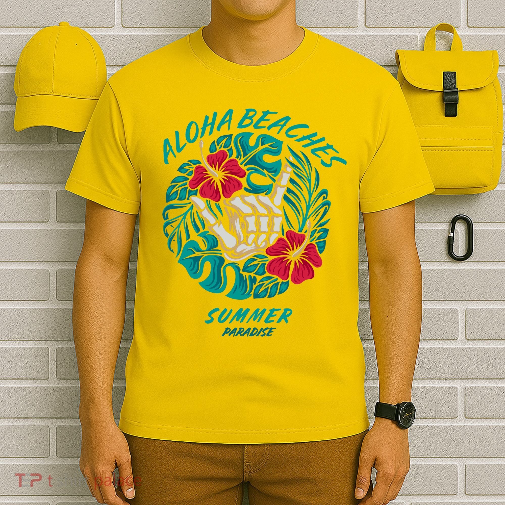 Aloha Beaches Skeleton Hand Rock On Flowers T-Shirt