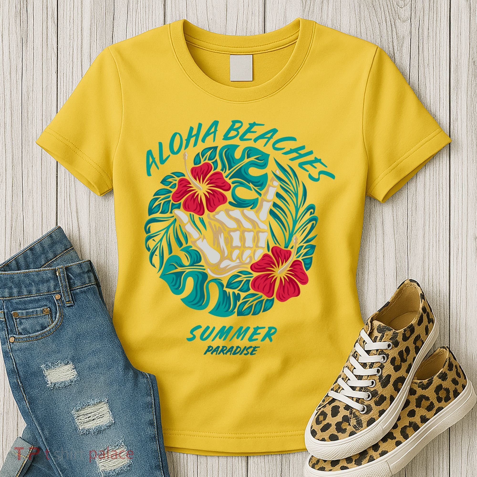 Aloha Beaches Skeleton Hand Rock On Flowers Women's T-Shirt