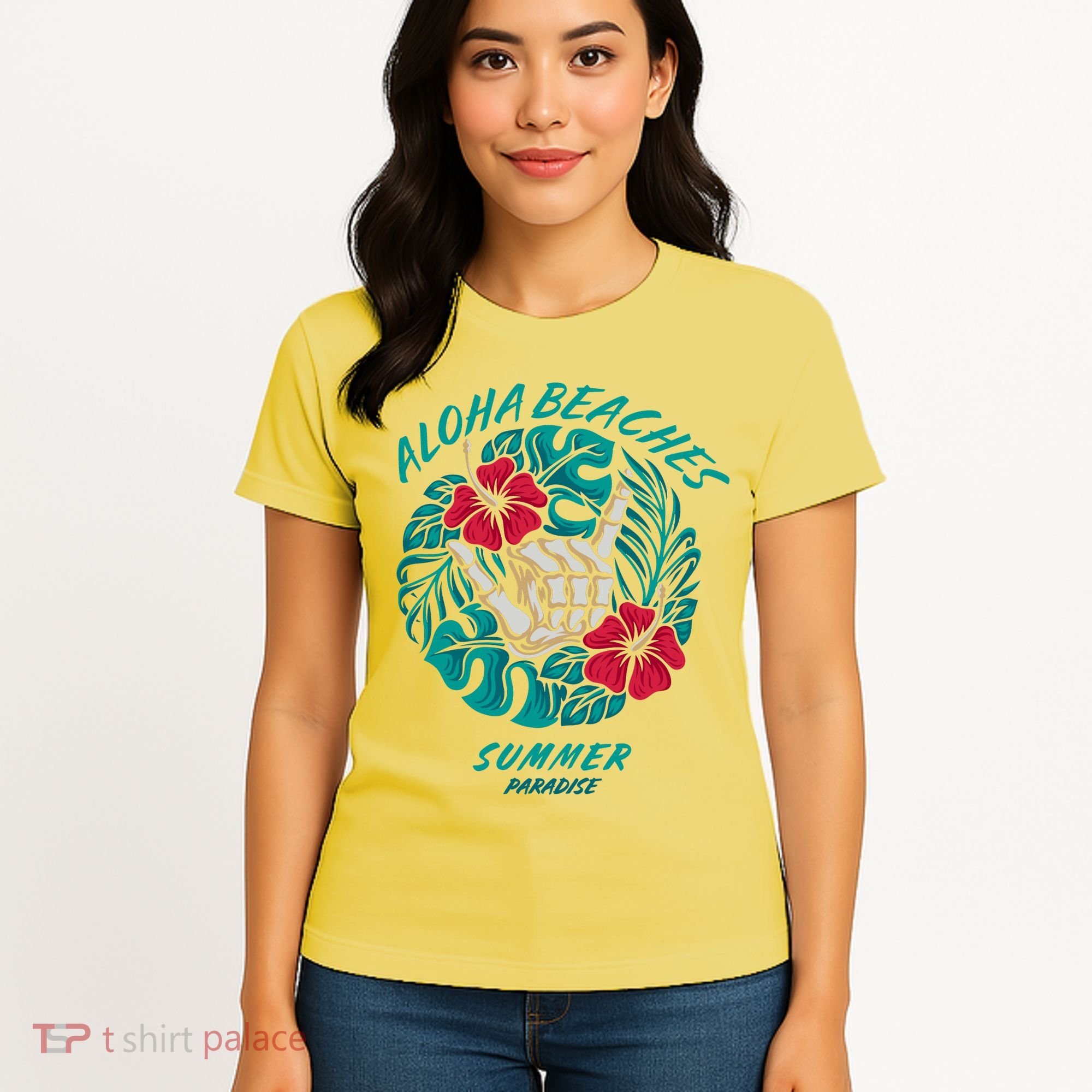 Aloha Beaches Skeleton Hand Rock On Flowers Women's T-Shirt