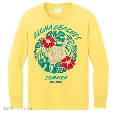 Aloha Beaches Skeleton Hand Rock On Flowers Kids Long Sleeve Shirt