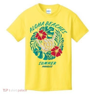 Aloha Beaches Skeleton Hand Rock On Flowers Kids T-Shirt