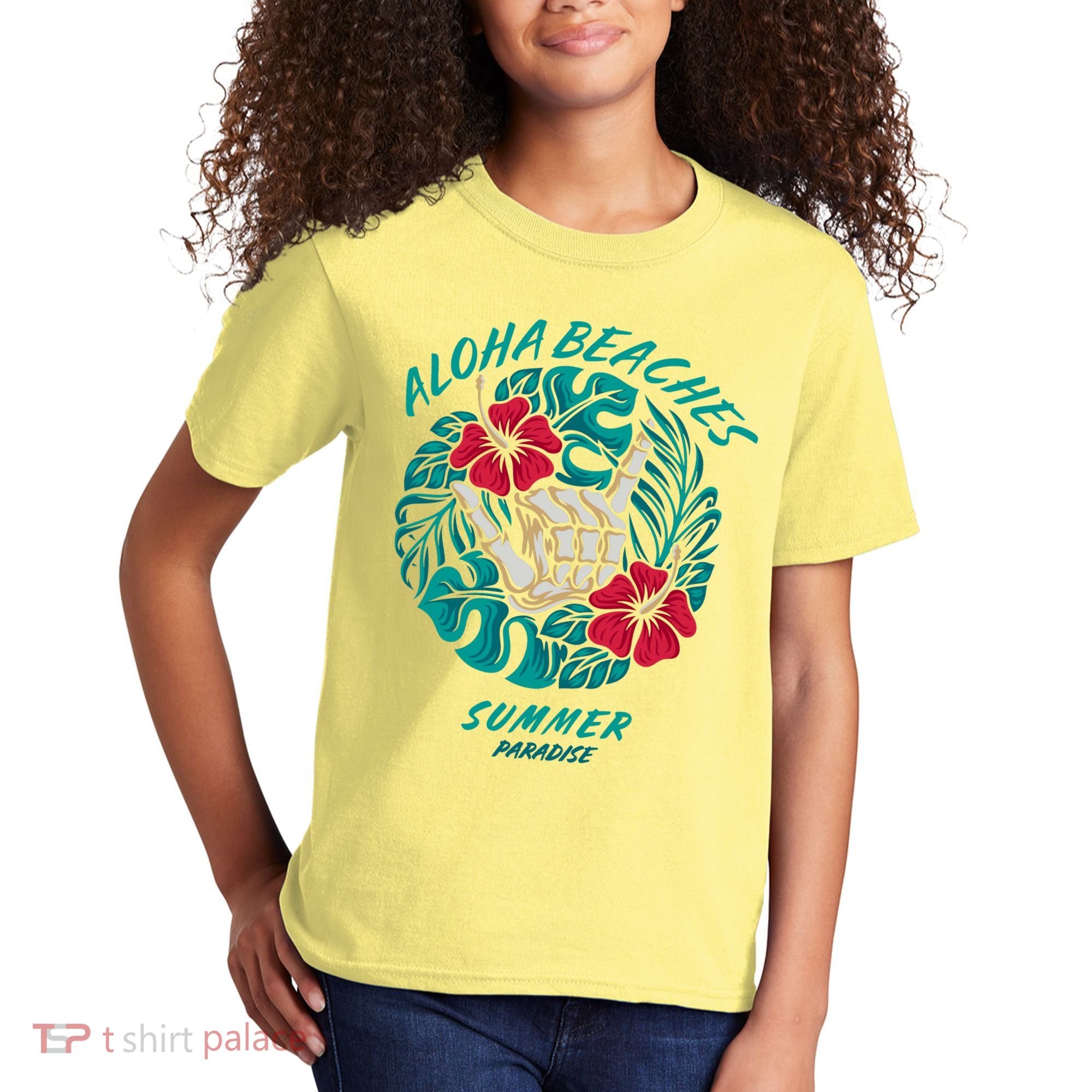 Aloha Beaches Skeleton Hand Rock On Flowers Kids T-Shirt