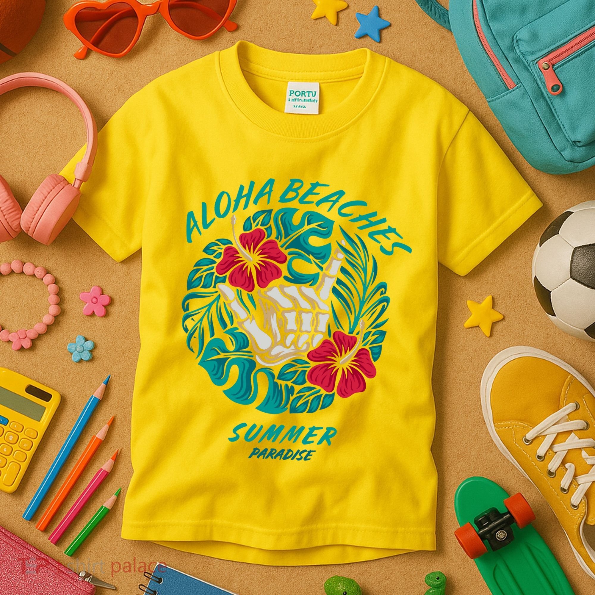Aloha Beaches Skeleton Hand Rock On Flowers Kids T-Shirt