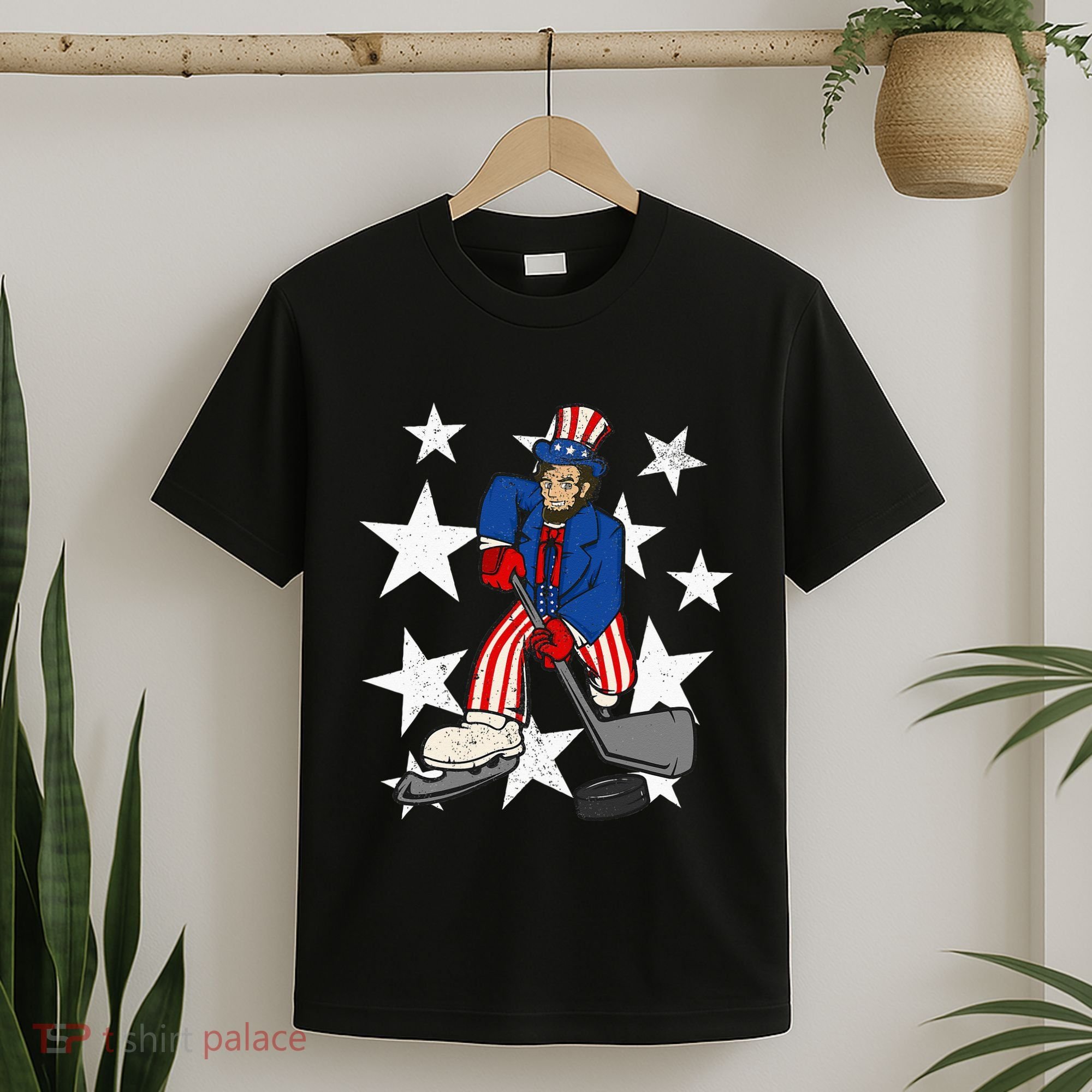 Abraham Lincoln Playing Hockey Funny 4th of July Hockey T-Shirt