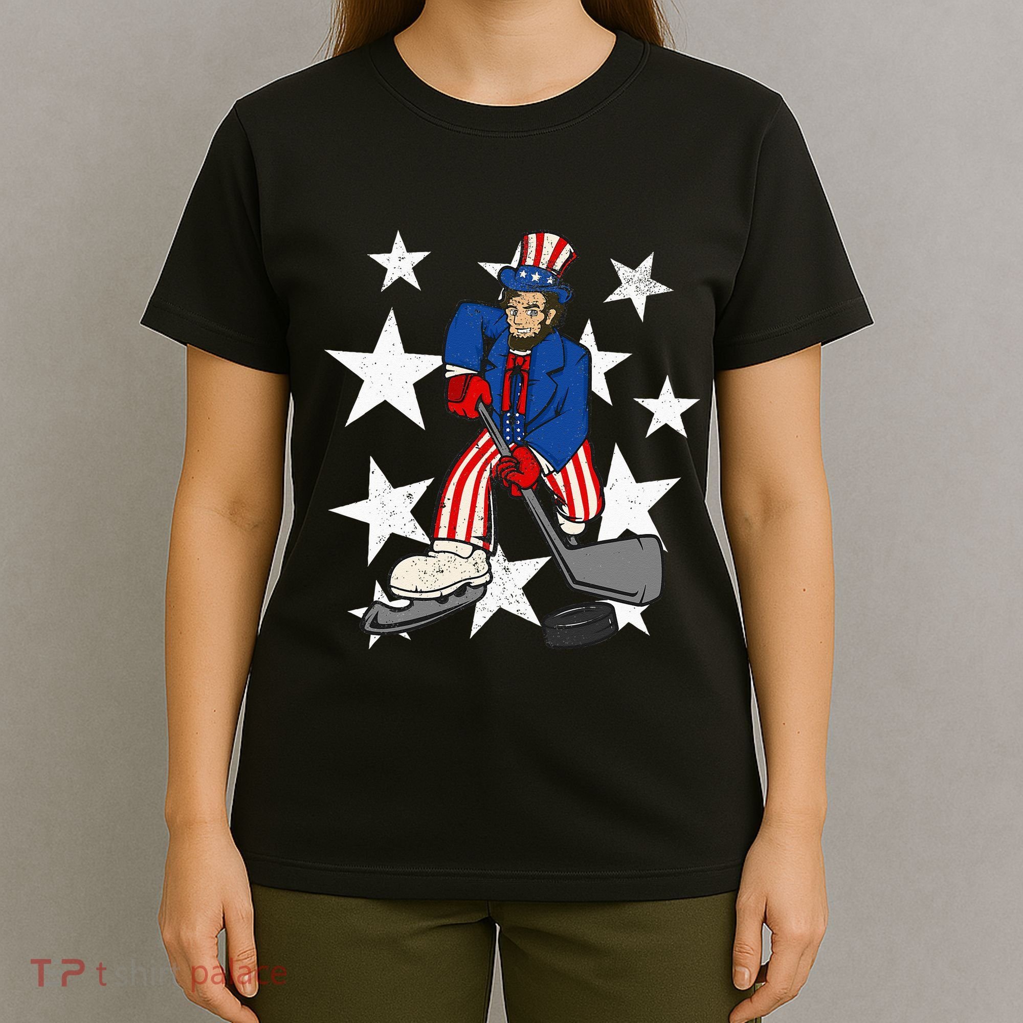 Abraham Lincoln Playing Hockey Funny 4th of July Hockey T-Shirt