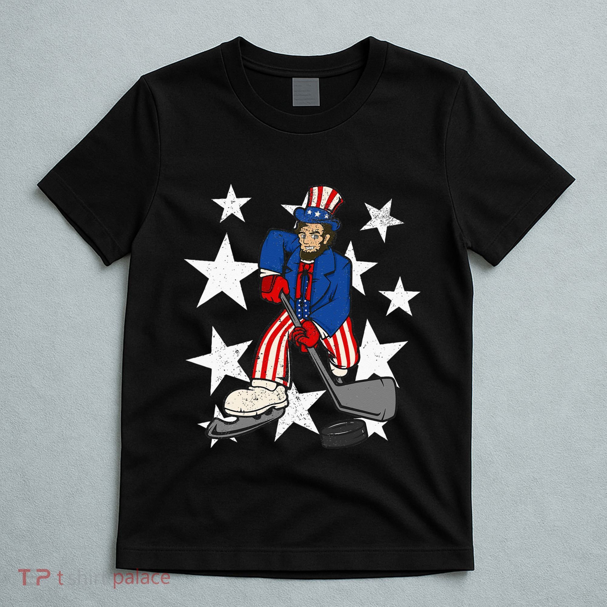 Abraham Lincoln Playing Hockey Funny 4th of July Hockey T-Shirt