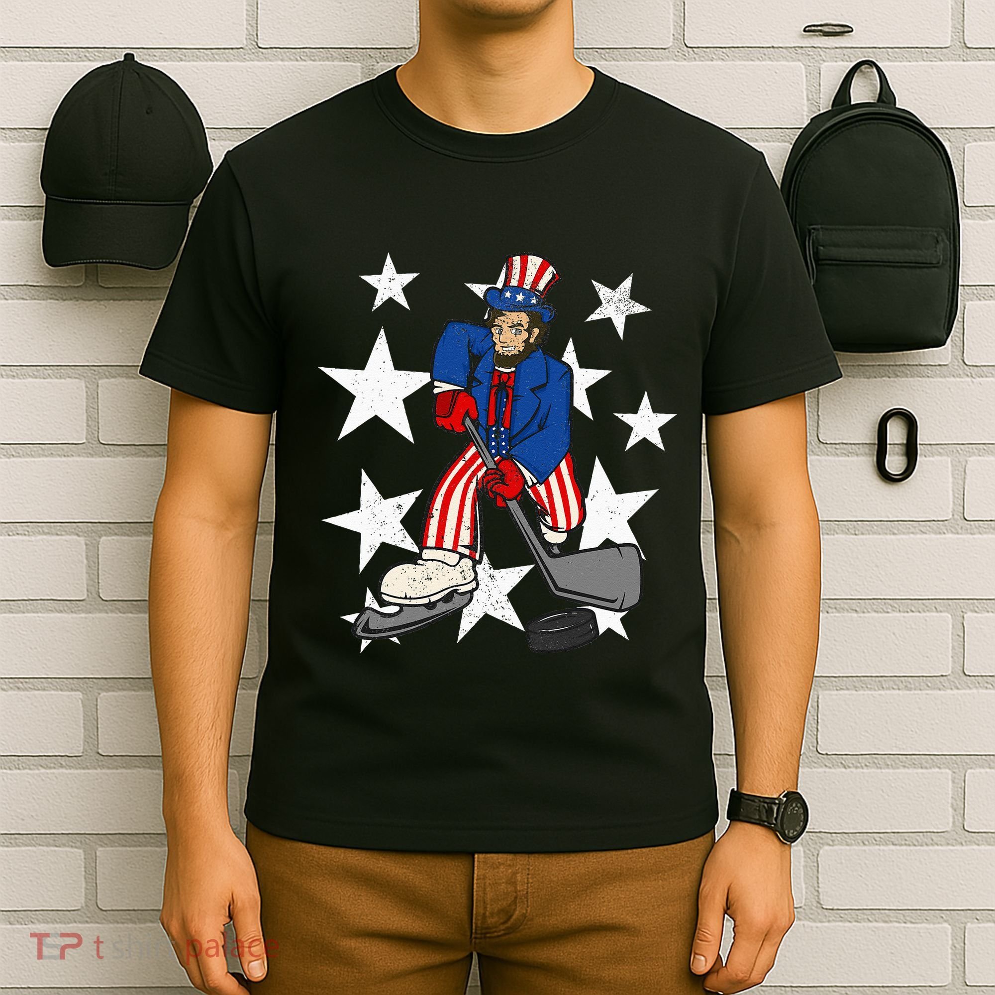 Abraham Lincoln Playing Hockey Funny 4th of July Hockey T-Shirt