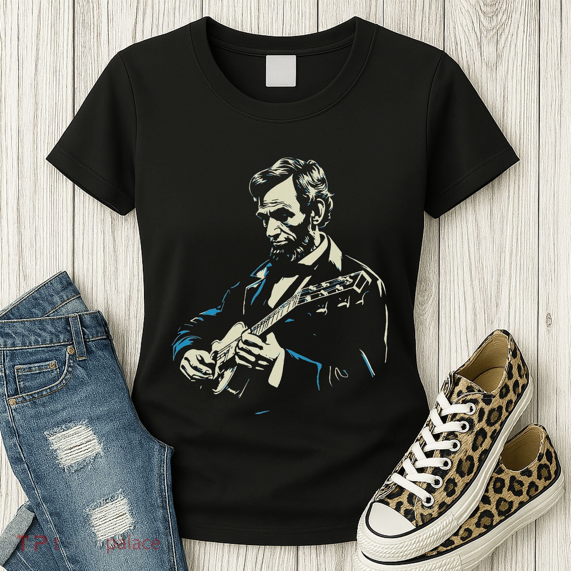 Abraham Lincoln Playing Guitar Retro Founding Fathers Women's T-Shirt