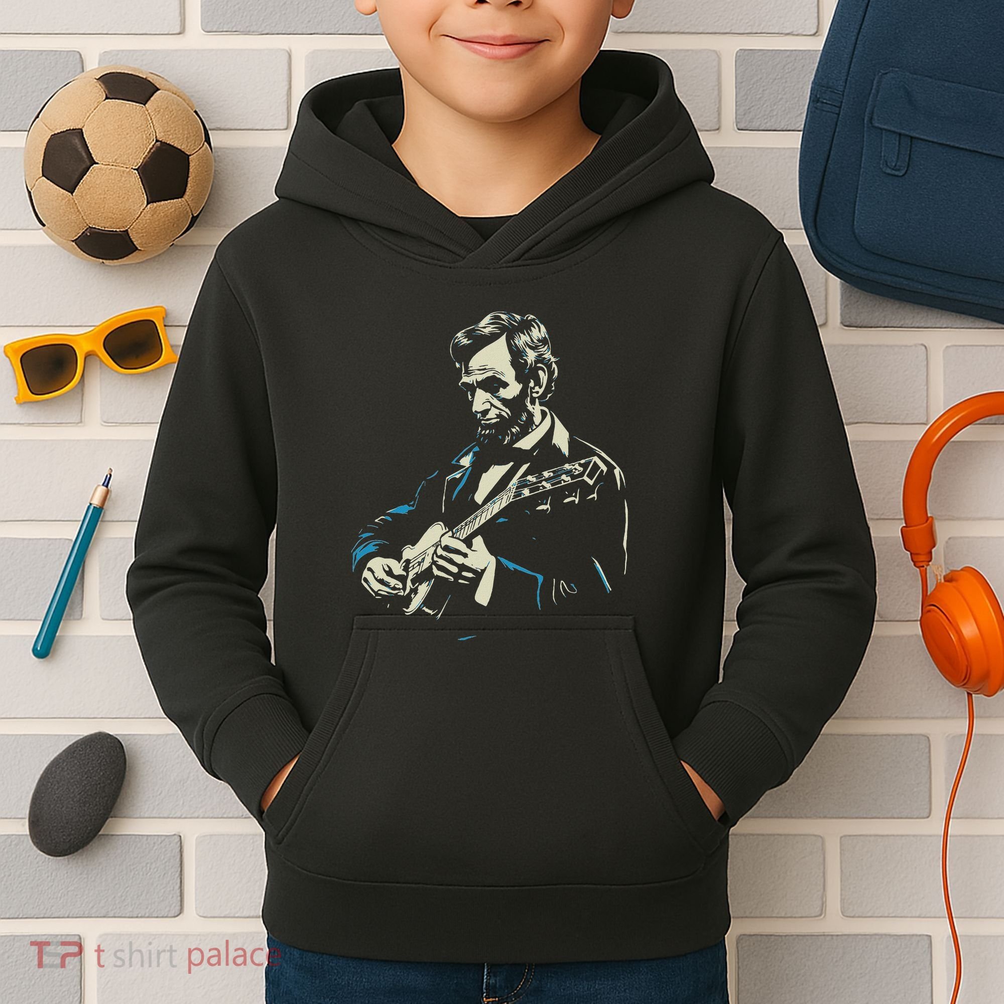 Abraham Lincoln Playing Guitar Retro Founding Fathers Kids Hoodie