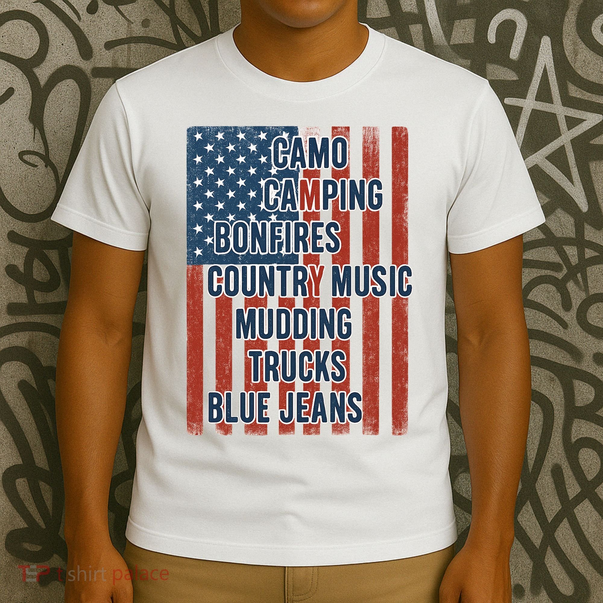 American Life Patriotic USA Flag Camo Camping Bonfires Country Music T-Shirt