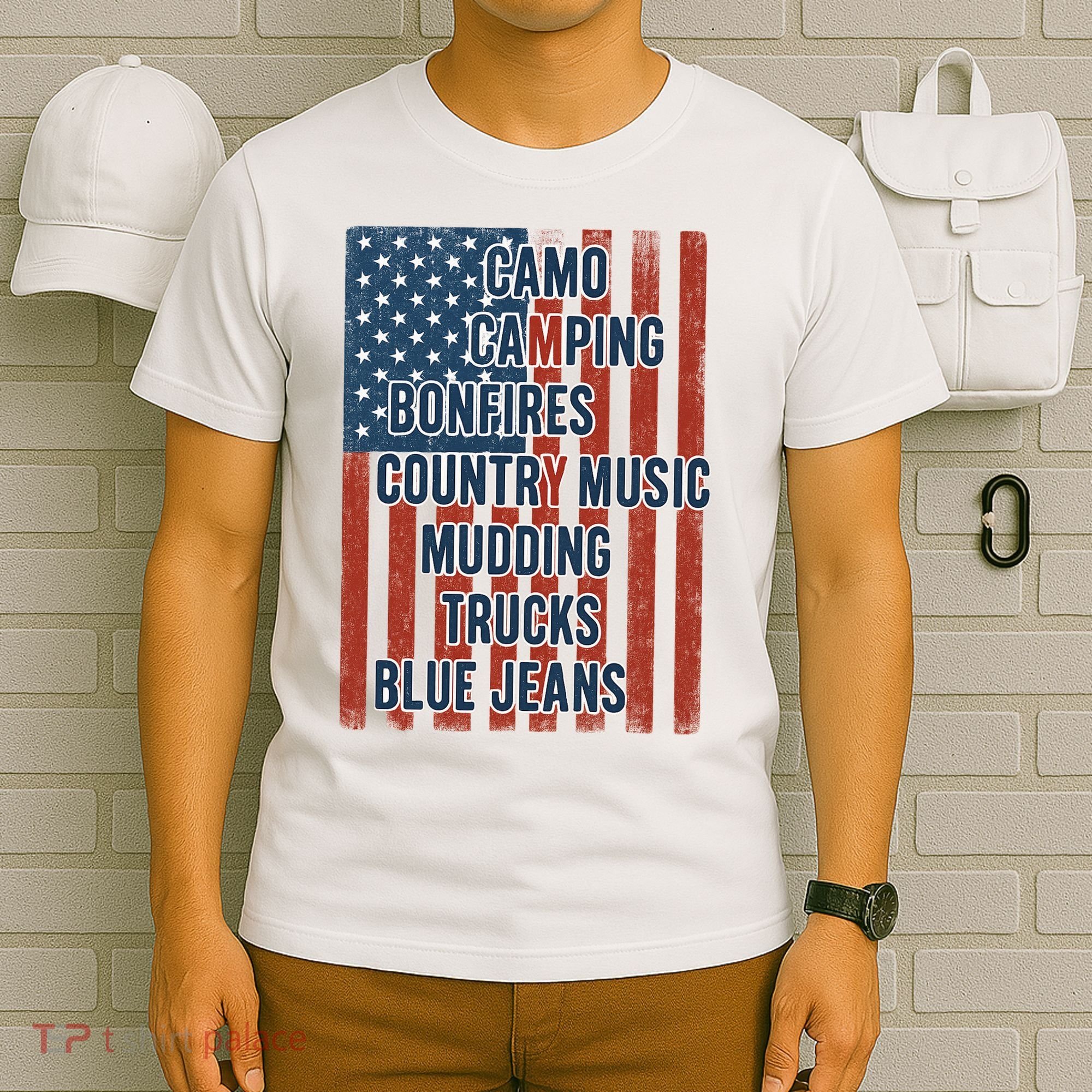 American Life Patriotic USA Flag Camo Camping Bonfires Country Music T-Shirt