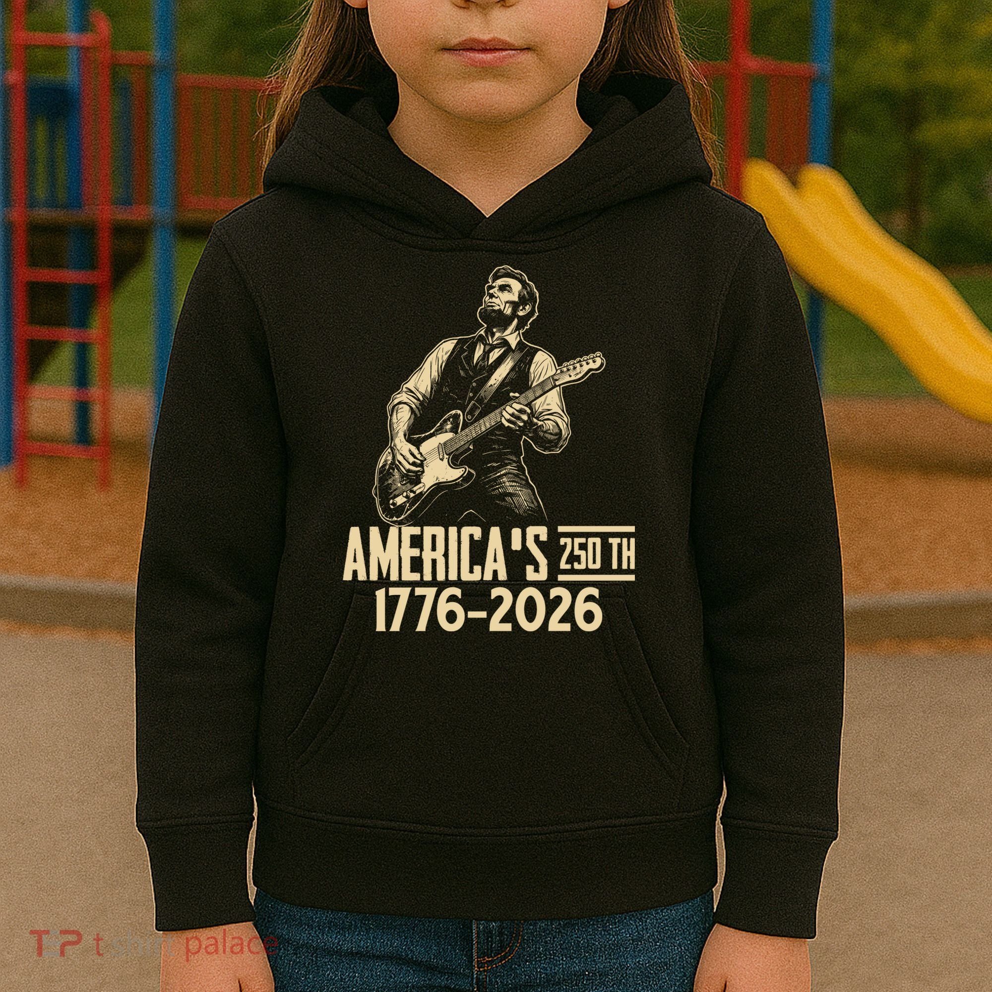 Abraham Lincoln Rcoks Guitar 4th July 250th Anniversary Kids Hoodie