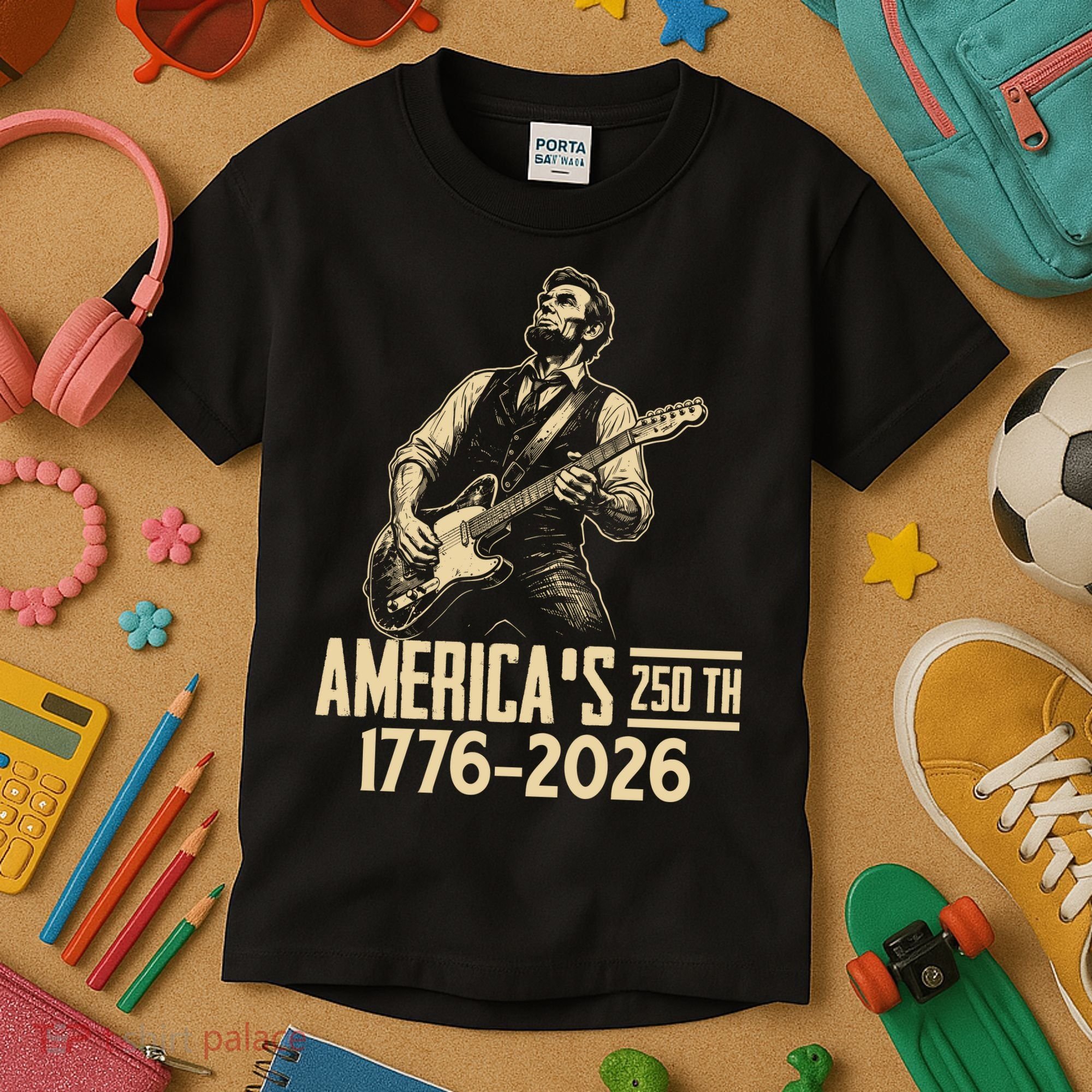 Abraham Lincoln Rcoks Guitar 4th July 250th Anniversary Kids T-Shirt