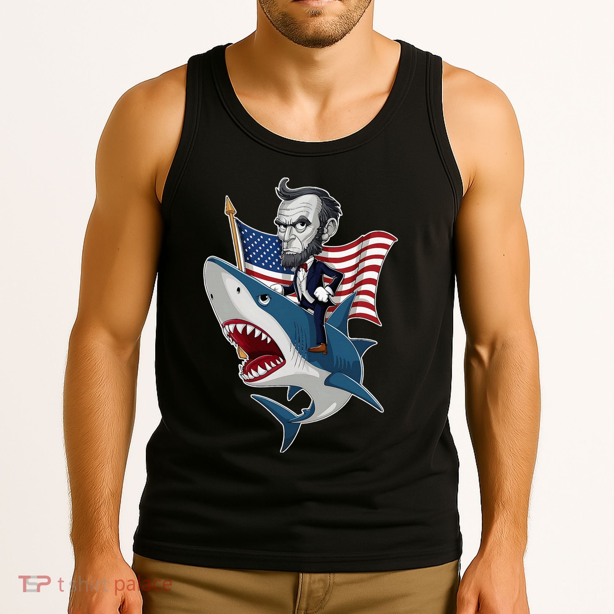 Abraham Lincoln Riding A Shark 4th Of July Tank Top
