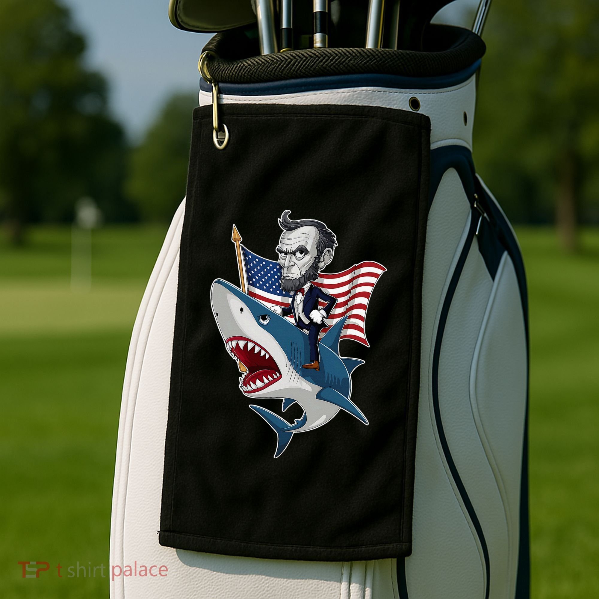 Abraham Lincoln Riding A Shark 4th Of July Golf Towel
