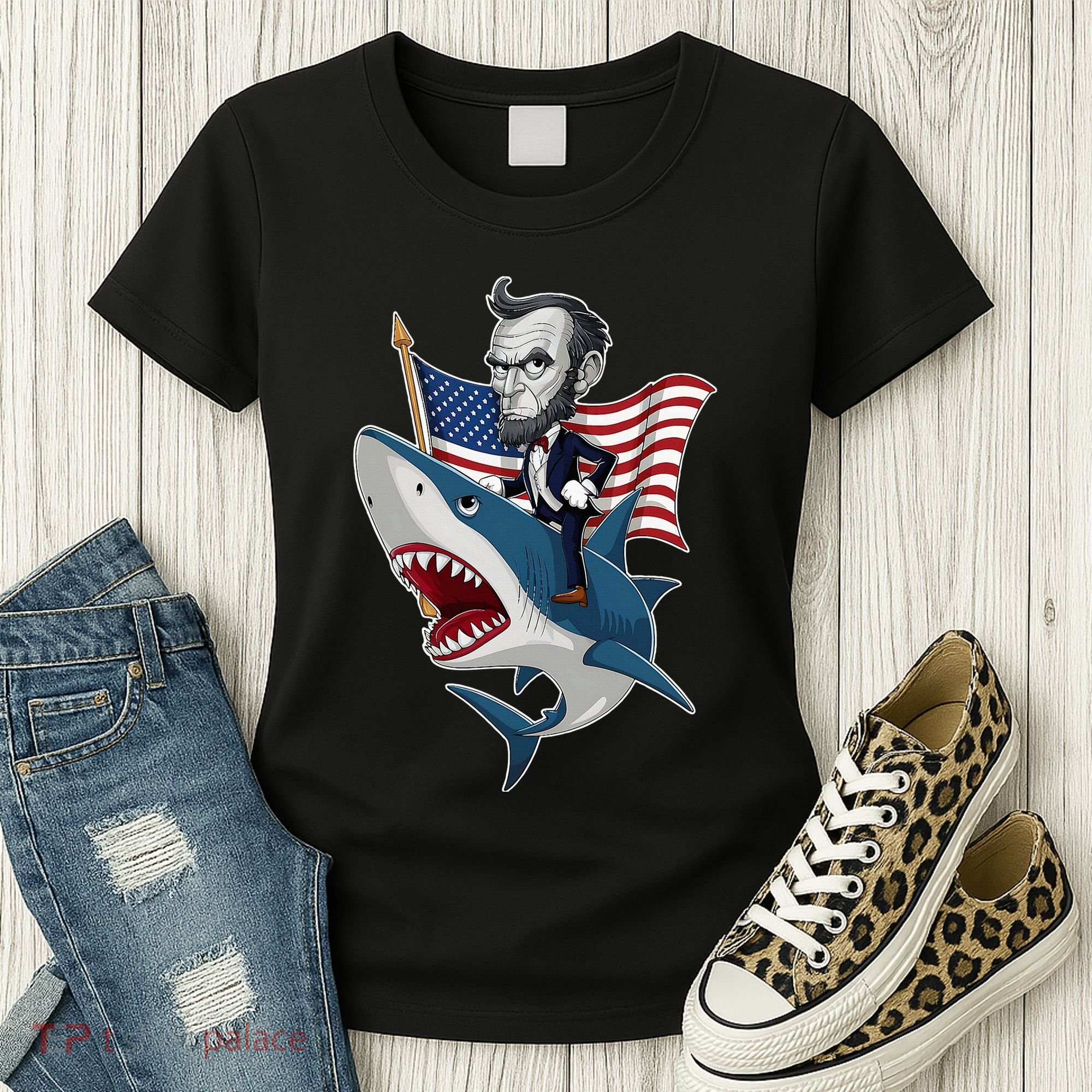 Abraham Lincoln Riding A Shark 4th Of July Women's T-Shirt