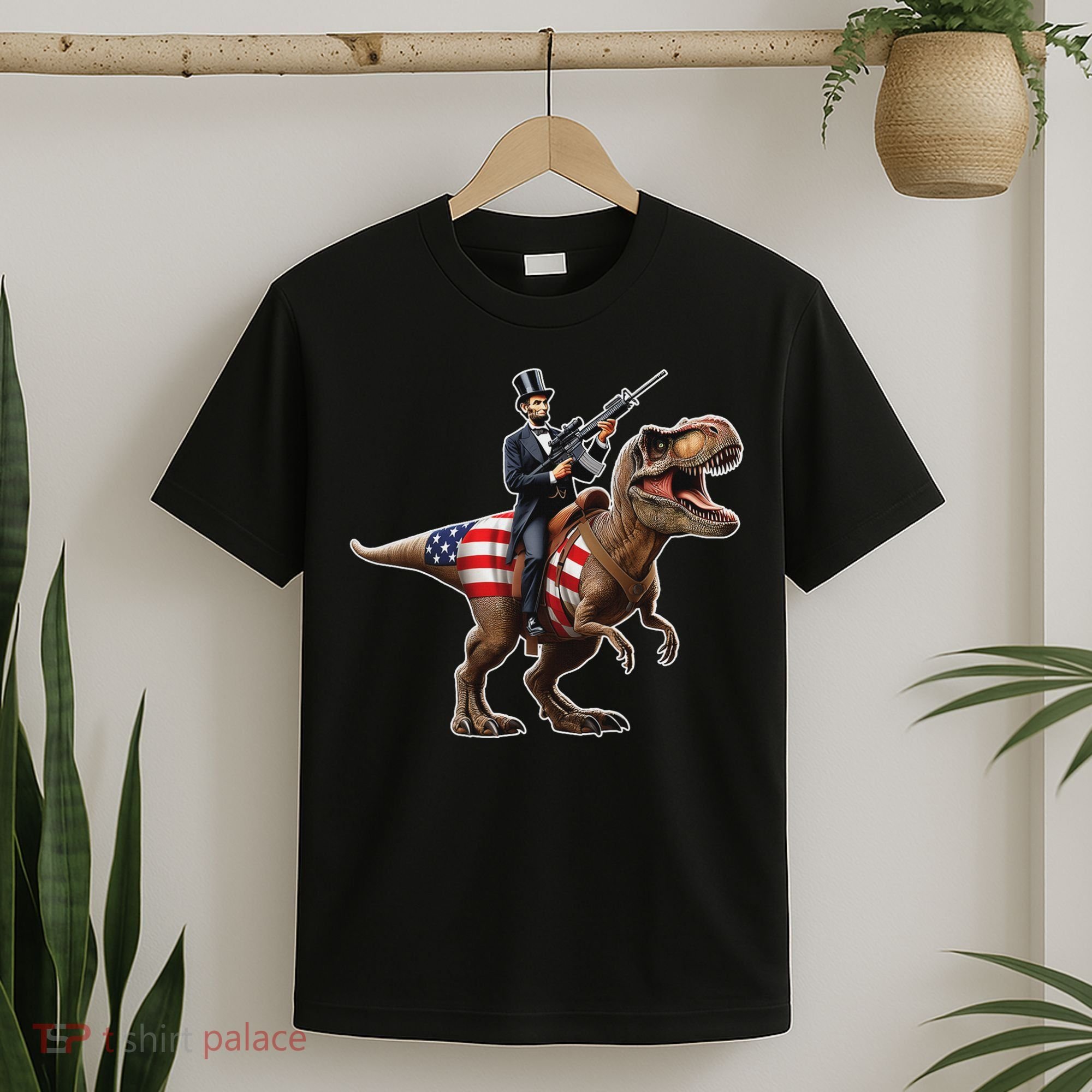 Abe Lincoln Riding Dinosaur July 4th Patriotic 2nd Amendment T-Shirt