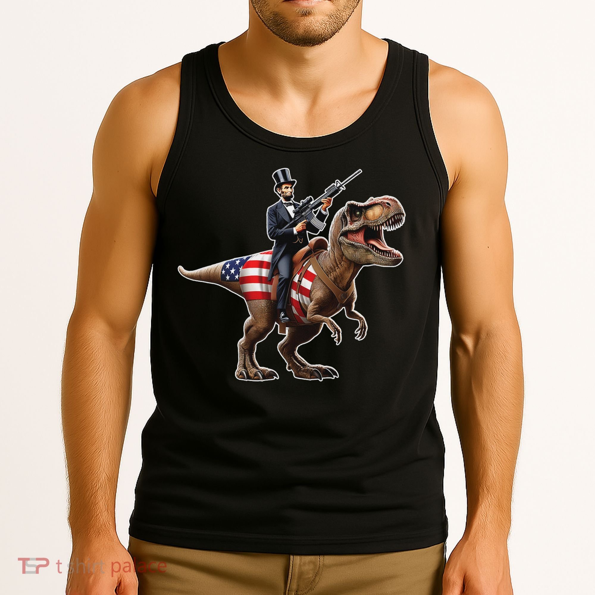 Abe Lincoln Riding Dinosaur July 4th Patriotic 2nd Amendment Tank Top