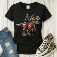 Abe Lincoln Riding Dinosaur July 4th Patriotic 2nd Amendment Women's T-Shirt thumb 3