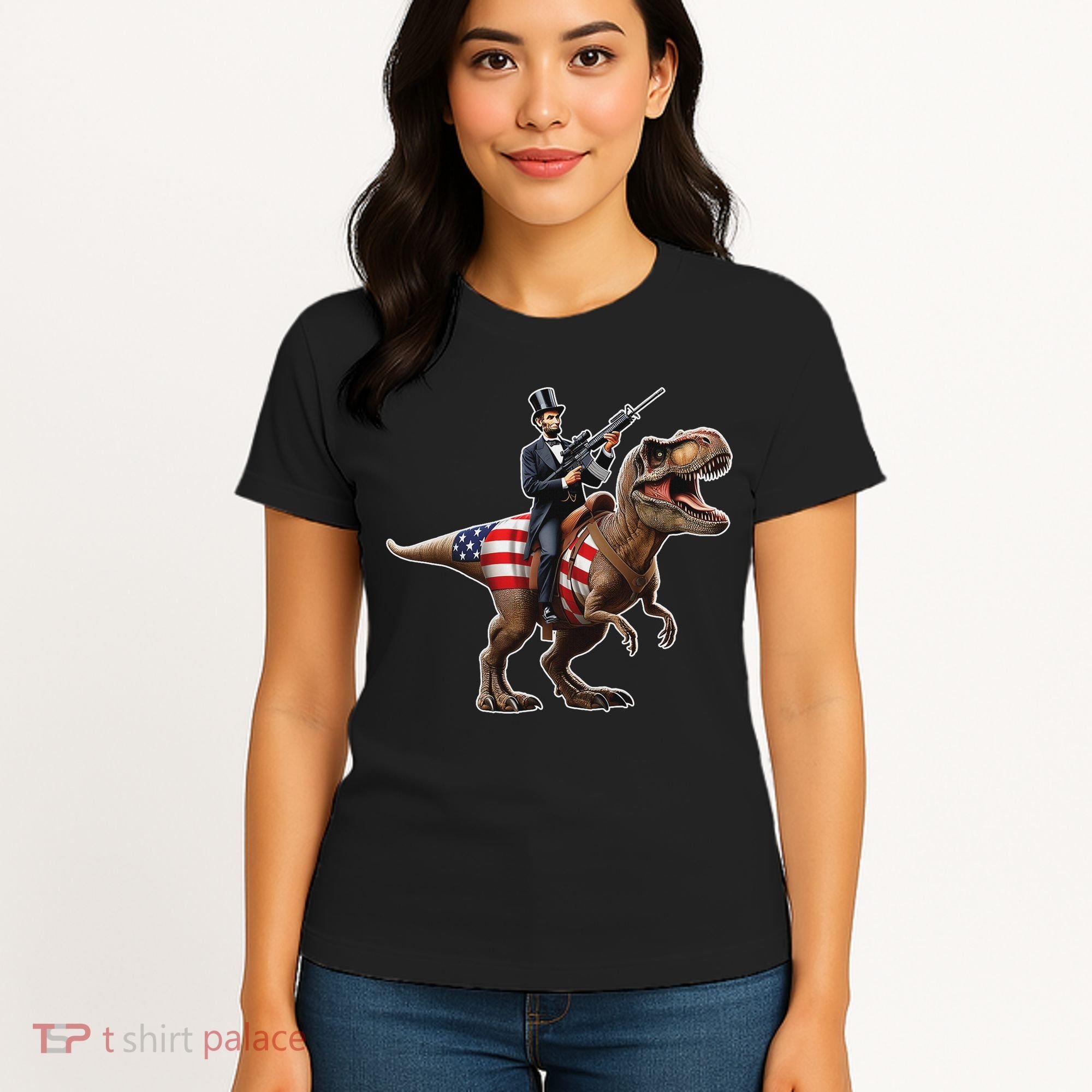 Abe Lincoln Riding Dinosaur July 4th Patriotic 2nd Amendment Women's T-Shirt