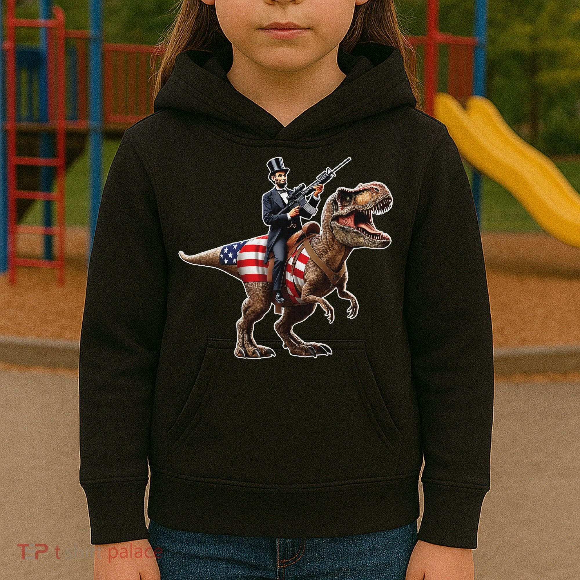 Abe Lincoln Riding Dinosaur July 4th Patriotic 2nd Amendment Kids Hoodie