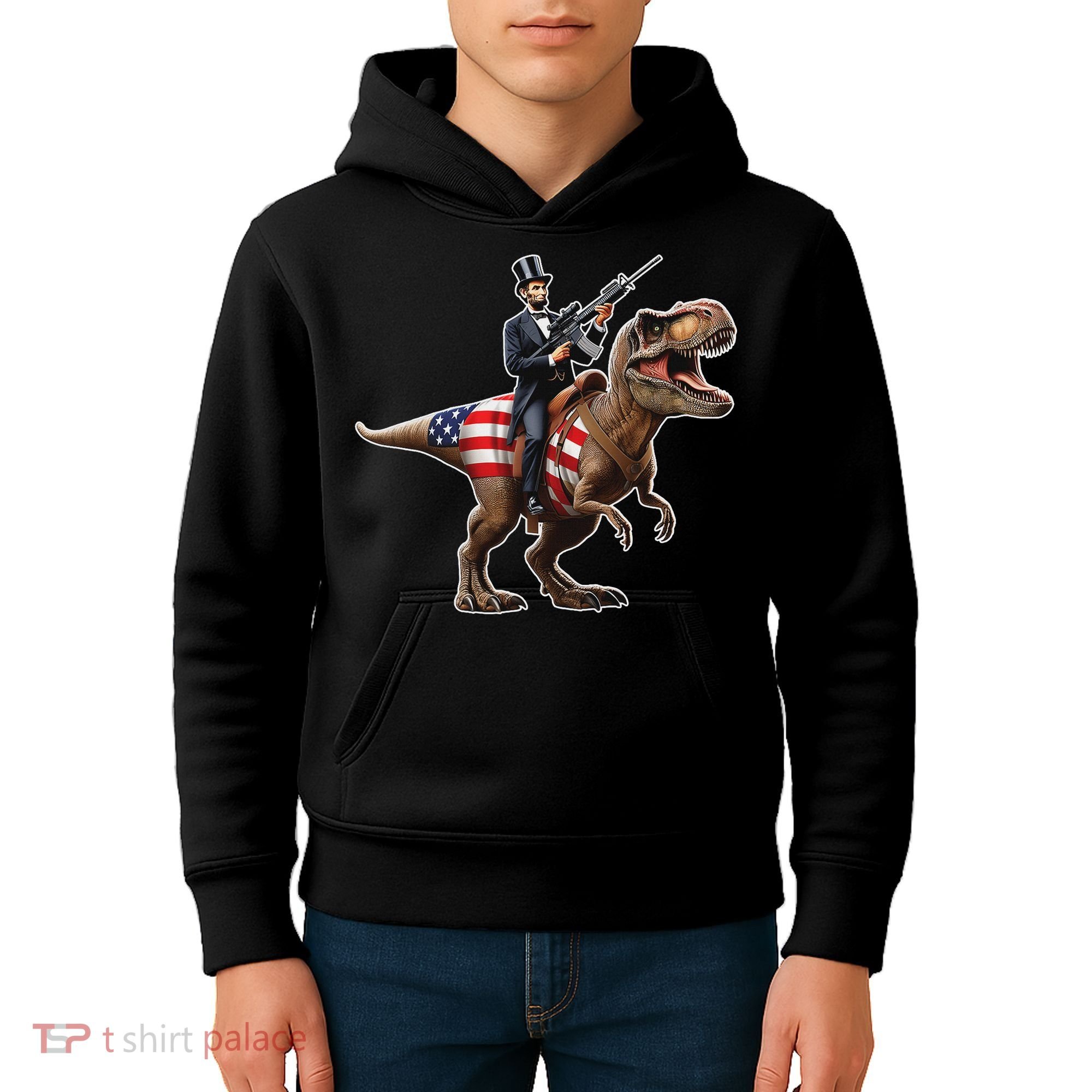 Abe Lincoln Riding Dinosaur July 4th Patriotic 2nd Amendment Kids Hoodie