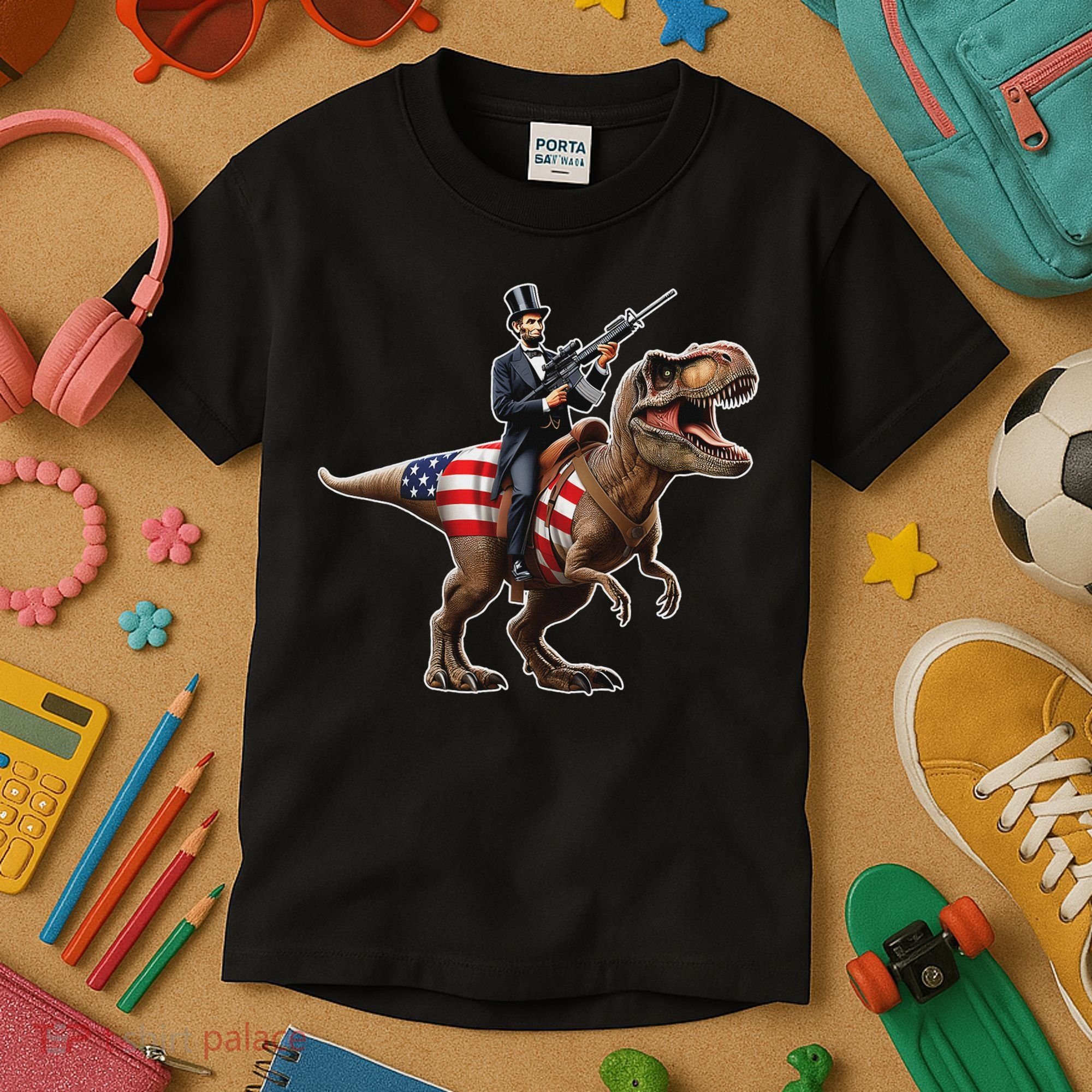 Abe Lincoln Riding Dinosaur July 4th Patriotic 2nd Amendment Kids T-Shirt