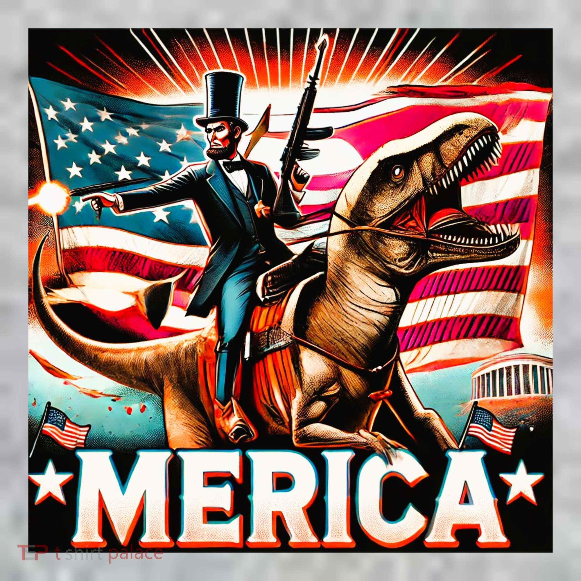 Abraham Lincoln Riding T Rex Merica Firing A Rifle The Baniff Cuffed Pom Beanie