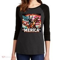 Abraham Lincoln Riding T Rex Merica Firing A Rifle Women's Tri-Blend 3/4-Sleeve Raglan Shirt thumb 2