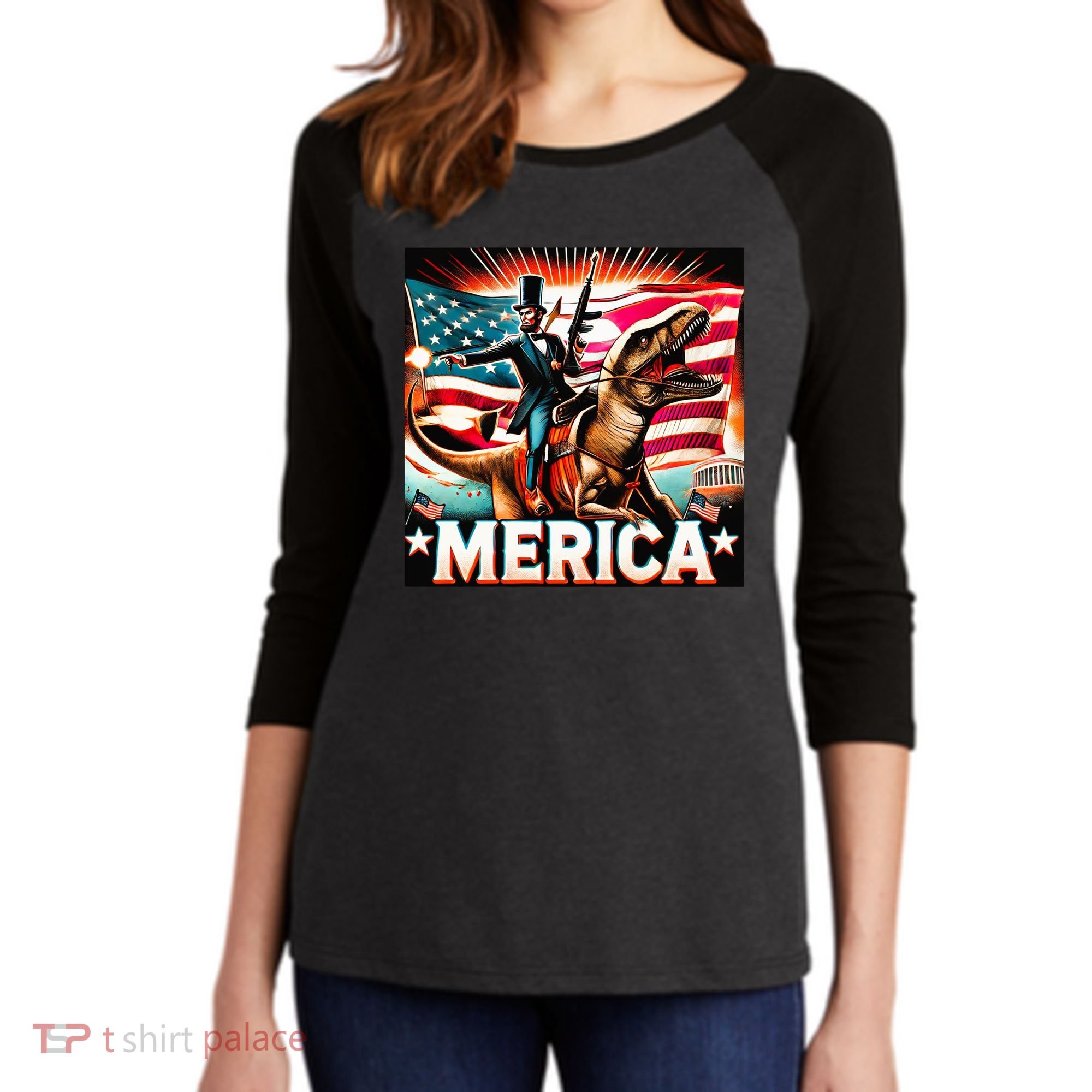 Abraham Lincoln Riding T Rex Merica Firing A Rifle Women's Tri-Blend 3/4-Sleeve Raglan Shirt