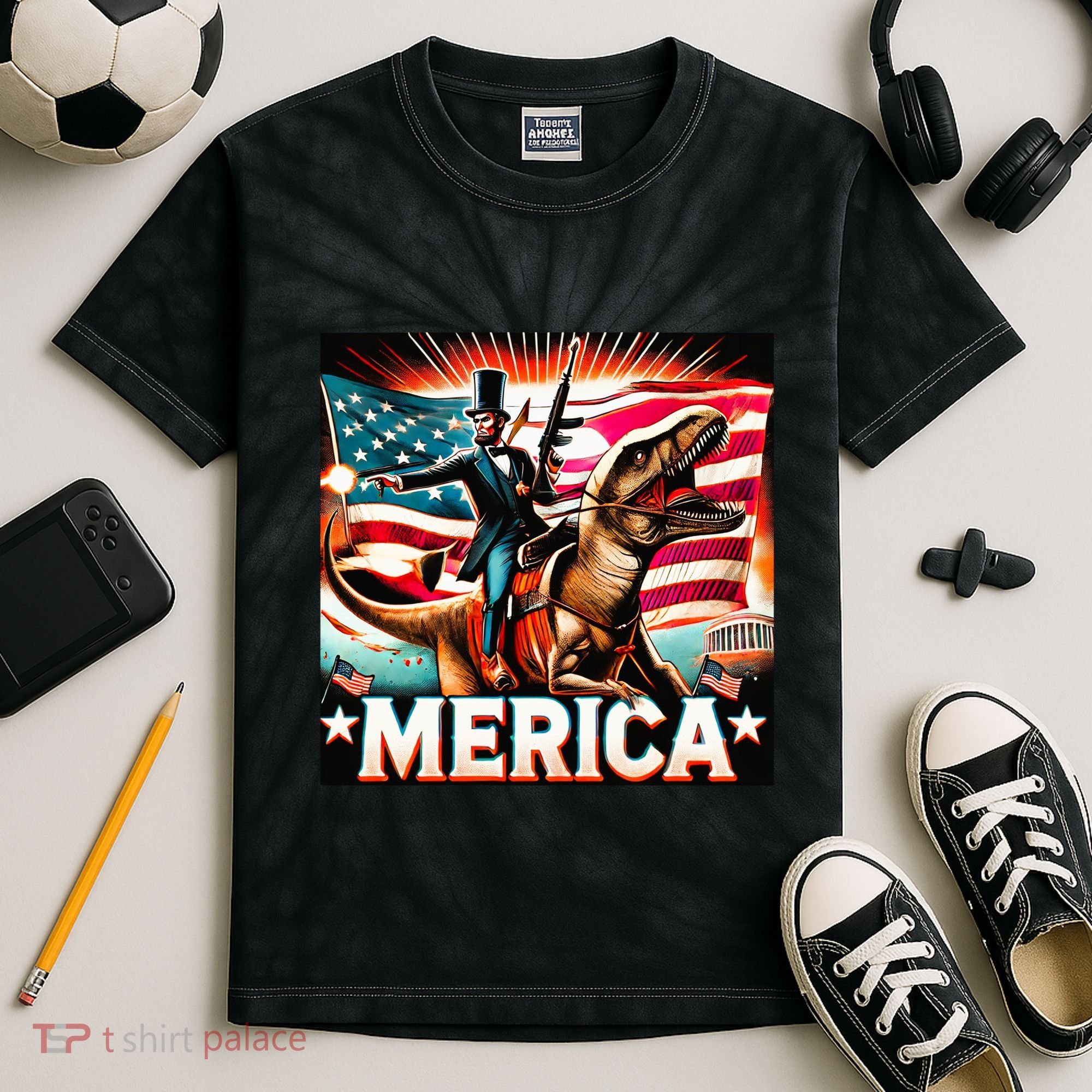 Abraham Lincoln Riding T Rex Merica Firing A Rifle Kids Tie-Dye T-Shirt
