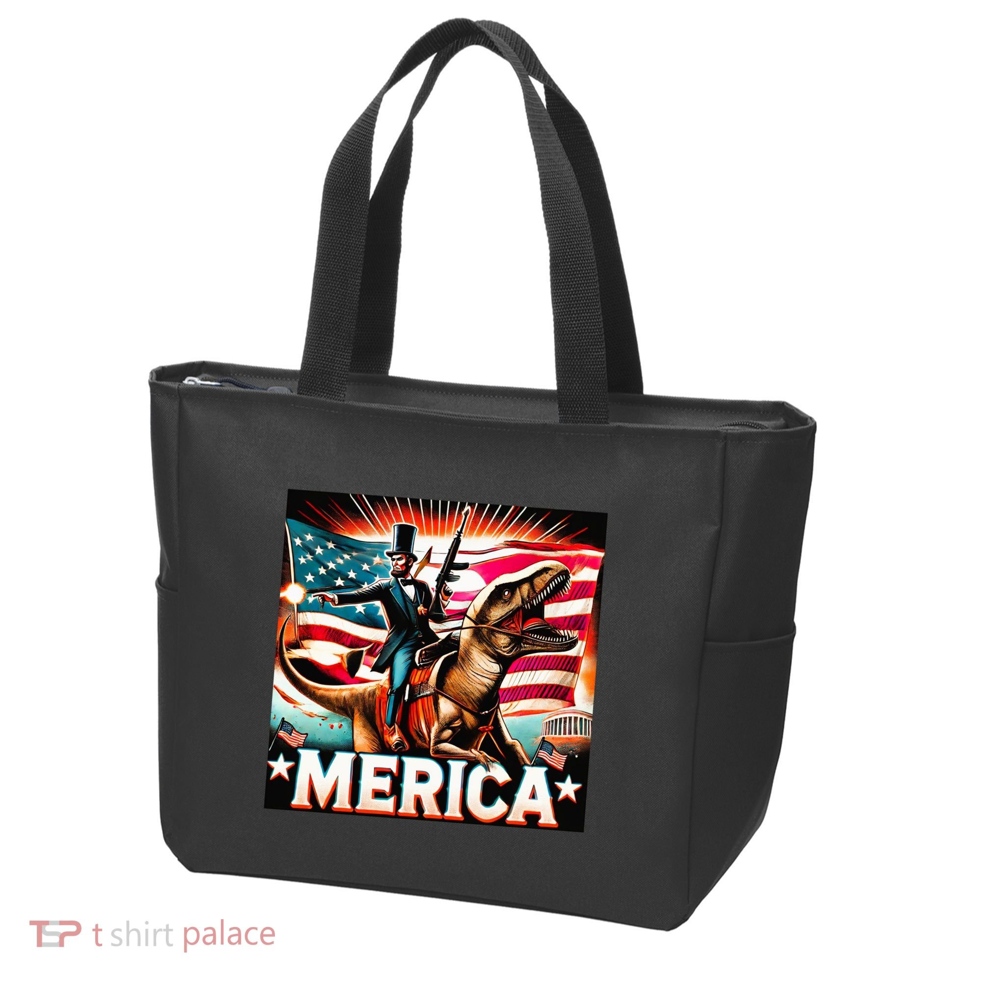 Abraham Lincoln Riding T Rex Merica Firing A Rifle Tote Bag