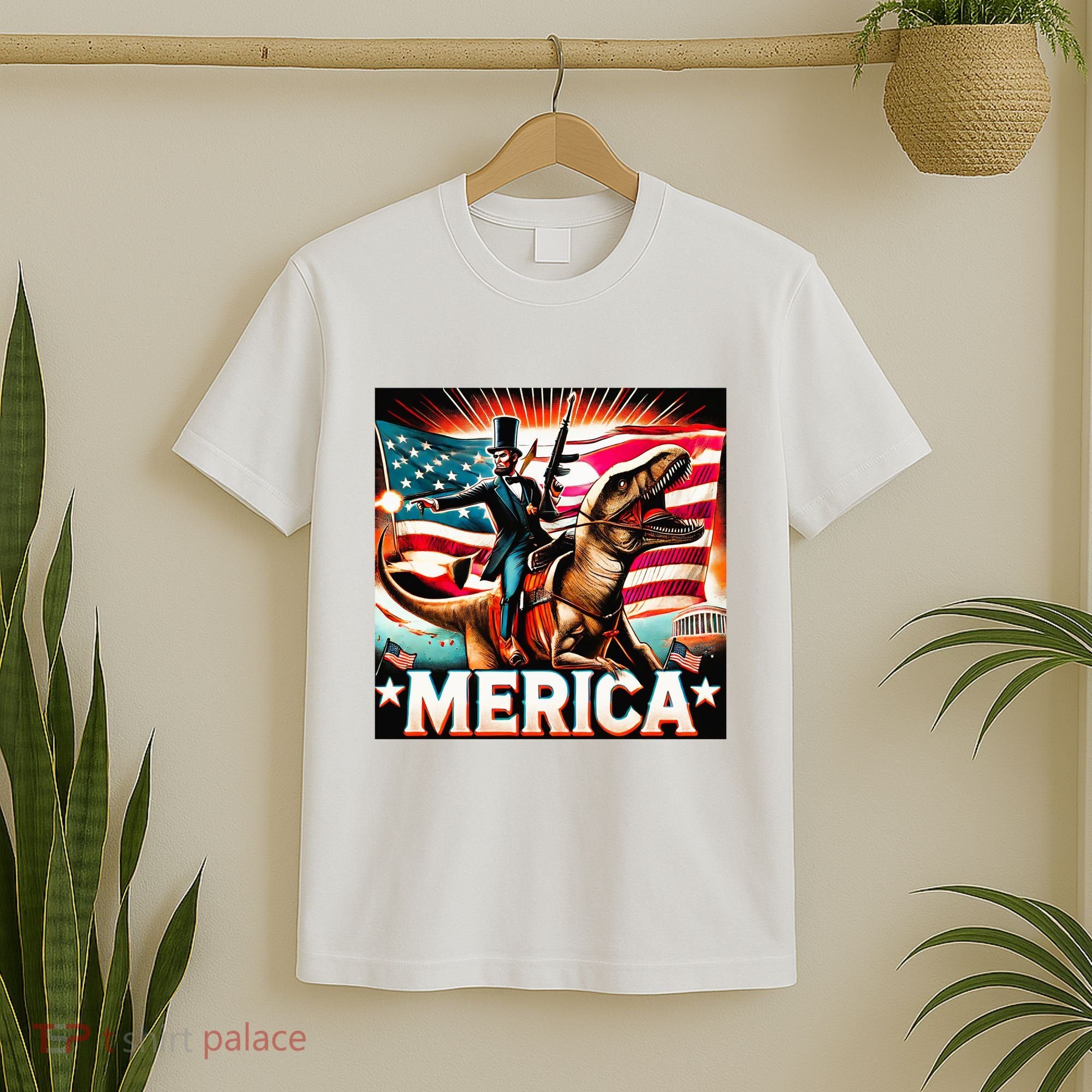 Abraham Lincoln Riding T Rex Merica Firing A Rifle T-Shirt