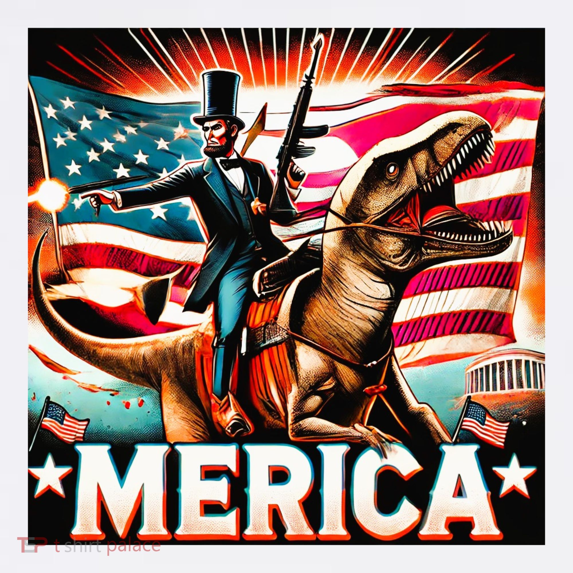 Abraham Lincoln Riding T Rex Merica Firing A Rifle T-Shirt